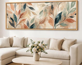 Mid Century Botanical Canvas Print, Neutral Leaf Wall Art, Sage Beige Terracotta, Framed Panoramic Giclee on Cotton Canvas