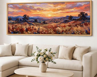 Sunset Vista Art Meadow Panorama Wide Sunset Art Framed Giclee Cotton Canvas Print Horizon Wall Decor