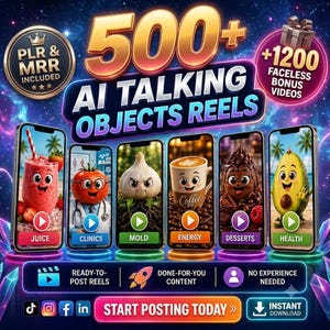 AI Talking Objects Reels Bundle: 500+ Videos, 1200+ Faceless Bonus (PLR/MRR)