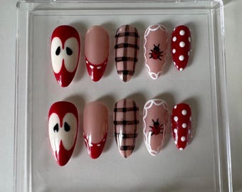 Uñas postizas: diseños de manzana roja, mariquita, cuadros y lunares (tamaño pequeño)