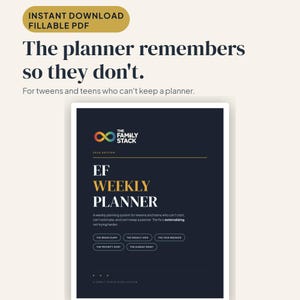 Op de afbeelding: Een digitale invulbare PDF-weekplanner getiteld The Family Stack EF Weekly Planner. De donkerblauwe omslag bevat een regenboogkleurig oneindigheidslogo, de editie van 2024 en secties voor brain dump, weekly grid, task breaker, priority sort en Sunday reset.