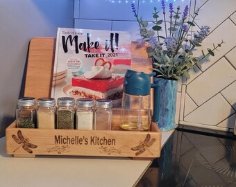 Recipe Rest Kitchen Station, Personalized Cookbook Stand & Kitchen Counter Organizer, Handmade Lazer Engraved Wooden Recipe Holder