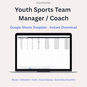 Tabelle für Jugendsport-Team-Manager oder -Trainer | Google Sheets Vorlage | Roster Spielplan Stats Snack | Basketball-Fußball-Baseball-Fußball