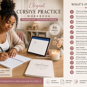 Cursive Handwriting Practice Workbook Printable + GoodNotes | 86 Pages Elegant Calligraphy Practice Sheets Kids Adults | iPad PDF Download