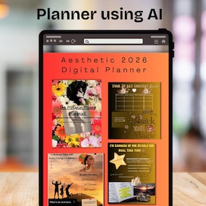 May include: A digital planner displayed on a tablet, featuring a red and orange background. The planner includes sections titled "The Melanin Money Blueprint," "Your 30 Day Content Plan," and "Black Girl Magic." Text includes "Aesthetic 2026 Digital Planner."