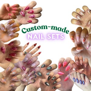 May include: A collection of hands showcasing custom-made nail sets. The nails are decorated with diverse designs, including floral patterns, glitter, and solid colours such as red, pink, and black. The text "Custom-made NAIL SETS" is displayed in green and purple.