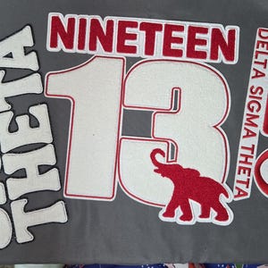 May include: Gray fabric with white and red embroidered patches. Patches include the words DELTA SIGMA THETA, the number 13, the word NINETEEN, the Greek letters ΔΣΘ, and a red elephant.