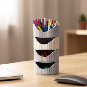 May include: A vertical four-tier desk organiser with a ribbed texture. The top section holds various colourful pens and markers. The three lower sections are open-front drawers containing small office supplies like red push pins and green paper clips.