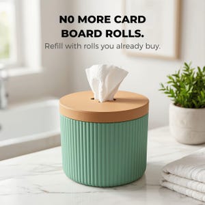 May include: A cylindrical tissue holder with a ribbed mint green base and a solid tan lid. A white tissue protrudes from the centre opening. The text above reads: NO MORE CARD BOARD ROLLS. Refill with rolls you already buy.