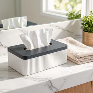 May include: A rectangular tissue box holder with a white, vertically ribbed base and a solid dark grey lid. A single white tissue is pulled through the central rectangular opening of the lid, extending upwards from the container.