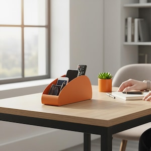 Puede incluir: Un organizador de escritorio naranja con un perfil lateral curvo, que cuenta con múltiples compartimentos que contienen un teléfono inteligente, un control remoto, un bolígrafo y un par de gafas. El organizador es de color naranja mate.