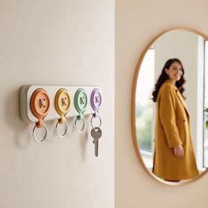 Könnte beinhalten: Ein Wand-Schlüsselhalter mit vier kreisförmigen, knopfförmigen Haken in Orange, Gelb, Hellgrün und Lila. Jeder Knopf hat ein Kreuzstich-Detail und einen silbernen Metallring, wobei ein einzelner silberner Schlüssel am lila Haken hängt.