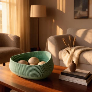 Peut inclure: Un bol vert clair au design extérieur nervuré et incurvé contenant plusieurs sphères beiges, lisses et rondes. Le bol présente une forme organique asymétrique avec des stries verticales le long de la paroi extérieure et une large ouverture.