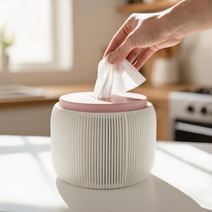 May include: A round white tissue box holder with a ribbed exterior texture and a flat, solid pink circular lid. A single white facial tissue is being pulled through the central opening of the lid, which is positioned on a flat surface.