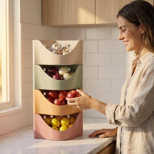 Könnte beinhalten: Ein stapelbares Aufbewahrungsregal mit vier Ebenen und offenem Design. Die Behälter sind in Creme, Salbeigrün, Senfgelb und Altrosa gehalten und enthalten verschiedene Lebensmittel wie Knoblauch, Zwiebeln, rote Äpfel und gelbe Zitronen.
