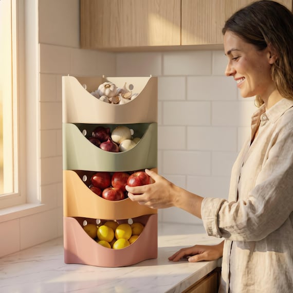 Stackable Produce Basket | Modern Kitchen Countertop Fruit Veg Holder
