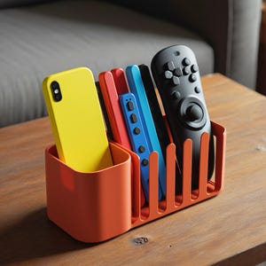 Peut inclure: Un organisateur de bureau en plastique orange avec des fentes verticales contenant un smartphone jaune, une manette rouge, une manette bleue et une télécommande noire. L'organisateur possède un compartiment solide à gauche et une section fendue.