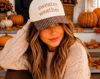 Sweater Weather Hat Fall Trucker Hat for Women Cozy Autumn Embroidered Baseball Cap