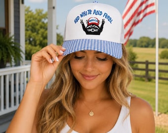Gorra de camionero con estampado de mapache salvaje rojo y blanco / Gorra de verano a cuadros patriótica