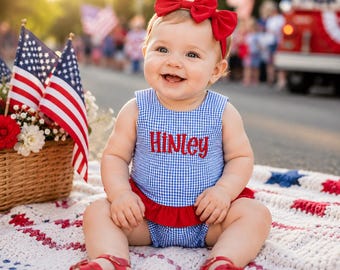 Personalized Baby Girl Gingham Romper, Patriotic Red White Blue Outfit