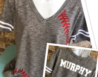 Baseball Laces T-Shirt, FRONT laces and name on the BACK, baseball mom shirt, Baseball laces, please specify if you prefer glitter or matte