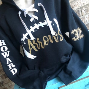 Football Hoodie with lace up front and football laces with name in glitter | Football sweatshirt | Football mom hoodie | customized football