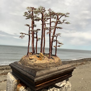 May include: A miniature wire sculpture depicting a forest scene. The trees feature brown wire trunks and green wire foliage, set on a bed of sand and small rocks. The sculpture is mounted on a dark wooden base, displayed outdoors on a weathered wooden post.