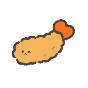 May include: A stylized illustration of a fried shrimp tempura with a golden-brown, textured body and a bright orange tail. The tempura features a simple, hand-drawn dark brown outline and a small, minimalist face with two black dots for eyes.