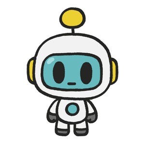 May include: A cartoon robot character with a white rounded head, a light blue face screen, and two black oval eyes. It features a yellow antenna on top, yellow side ears, and a white body with a central light blue circle and dark grey hands.