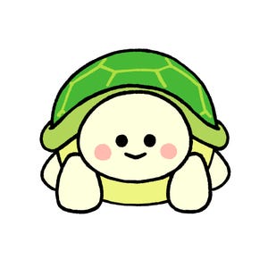 Puede incluir: Una ilustración de dibujos animados de una pequeña tortuga con un caparazón verde brillante que presenta un patrón geométrico verde oscuro. La tortuga tiene la cabeza y el cuerpo de color amarillo pálido, dos ojos negros circulares, una boca negra y mejillas rosadas.