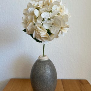 Puede incluir: Un arreglo floral de hortensias color crema en un jarrón gris moteado. El jarrón tiene un cuello estrecho y un cuerpo redondeado. El cabezal de la flor es grande y lleno, con muchos pétalos delicados. El arreglo está sobre una superficie de madera.