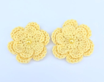 Crochet applique, 2 yellow two-layer crochet flowers, cardmaking, scrapbooking, appliques, handmade and sew on patches embellishments