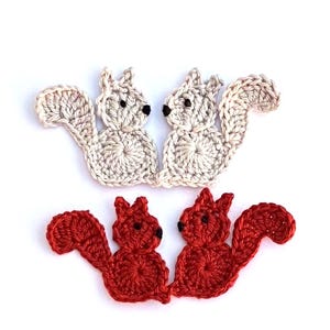 Crochet applique, 4 small grey and rust applique squirrels, cardmaking, scrapbooking, appliques, handmade, sew on patches embellishments