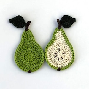 Crochet applique, crochet fruit, 2 small green crochet pears, Cardmaking, scrapbooking, appliques, handmade, sew on patches embellishments