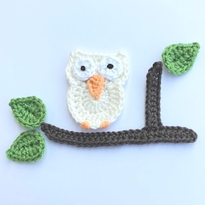 Appliqué au crochet, hibou au crochet, 1 hibou sur une branche et 3 feuilles, fabrication de cartes, scrapbooking, fait main, embellissements à coudre