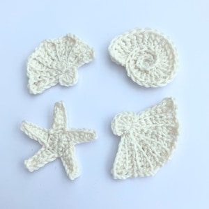 Scrapbooking, cardmaking, Crochet applique, 4 applique shells, handmade, appliques, sew on patches, crochet shells. embellishments