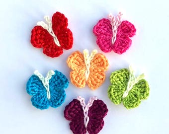 Crochet applique, 6 small bright applique butterflies, cardmaking, scrapbooking, appliques, handmade, sew on patches. embellishments