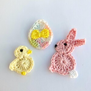 Crochet applique, Easter appliques, 1 large crochet Easter Bunny, 1 large chick and 1 Easter egg scrapbooking, appliques, sew on patches,