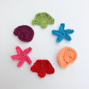 Crochet applique, 6 small  bright crochet applique shells, cardmaking, scrapbooking, appliques, craft embellishments, sewing accessories