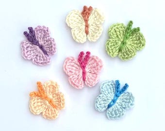 Crochet applique, 6 small pastel crochet butterflies, cardmaking, scrapbooking, appliques, handmade, sew on patches. embellishments