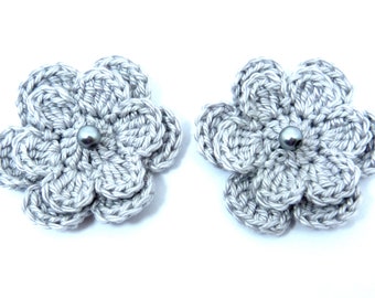 Crochet appliques, 2 silver grey two-layer crochet flowers, cardmaking, scrapbooking, appliques, craft embellishments and sewing accessories