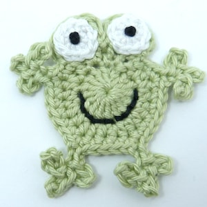 Crochet applique, 1 large pale green crochet  frog. Cardmaking, scrapbooking, appliques, handmade, sew on patches embellishments