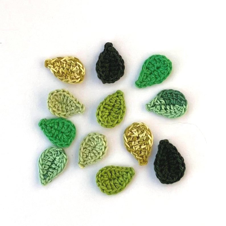Crochet, Crochet appliques, 12 small green applique leaves, cardmaking, scrapbooking, appliques, craft embellishments, sewing accessories image 1