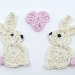 Crochet applique, Valentine appliques, 2 small cream crochet rabbits,. Cardmaking, scrapbooking, handmade, sew on patches embellishments