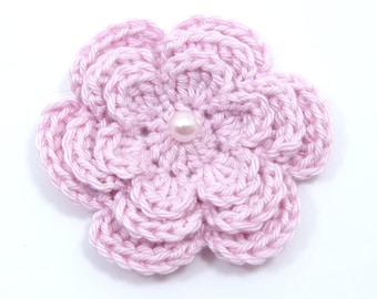 Crochet applique, 1 medium three layer pale pink crochet flower.. Cardmaking, scrapbooking, handmade, sew on patches embellishments