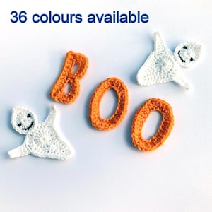 5 Halloween  appliques. Crochet applique, 2 crochet ghosts and 3 crochet letters spelling BOO cardmaking, Halloween, sew on patches.