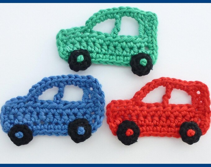 Handmade, Sew on Patches , Crochet Applique, 3 Small Crochet Cars