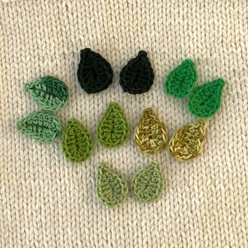 Crochet, Crochet appliques, 12 small green applique leaves, cardmaking, scrapbooking, appliques, craft embellishments, sewing accessories image 2