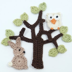 Crochet applique, crochet tree, crochet bunny, crochet owl cardmaking, scrapbooking, craft embellishments, sewing accessories