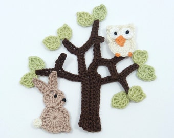 Crochet applique, crochet tree, crochet bunny, crochet owl cardmaking, scrapbooking, craft embellishments, sewing accessories